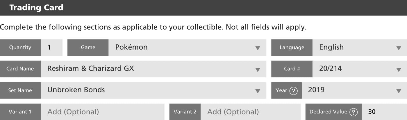 Inputting the TCG Card Information and Value